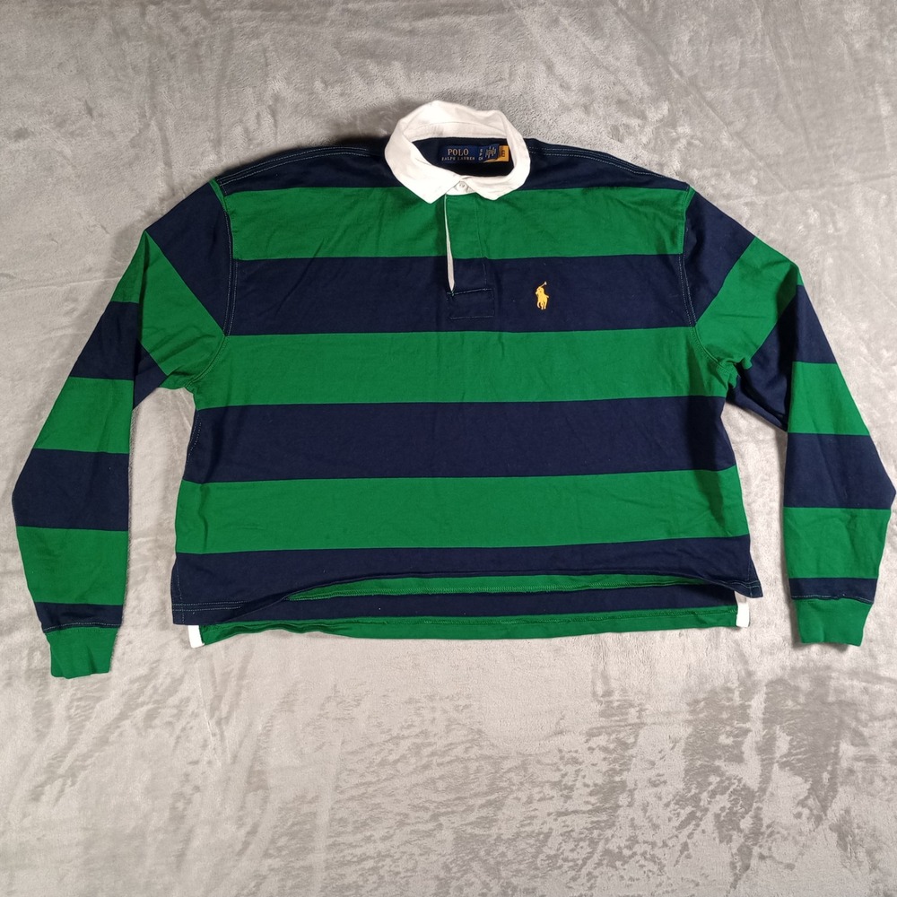 Polo Ralph Lauren Rugby Shirt Mens Small Green Navy Striped Long Sleeve FLAWS